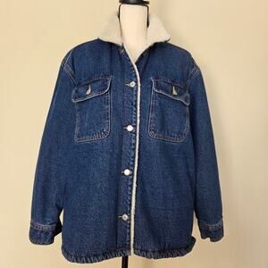 Old Navy Women's L Denim Sherpa Lined Jean Jacket Button Up Pockets Blue